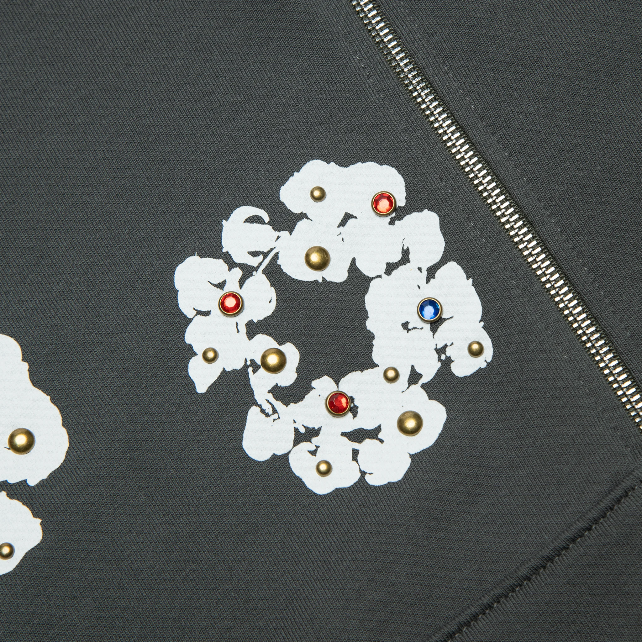 Detail view of Denim Tears Rhinestone The Cotton Wreath Vintage Black Zip-Up Hoodie